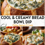 Chilled Bread Bowl Spinach Artichoke Dip served in a golden sourdough loaf with veggie sides.